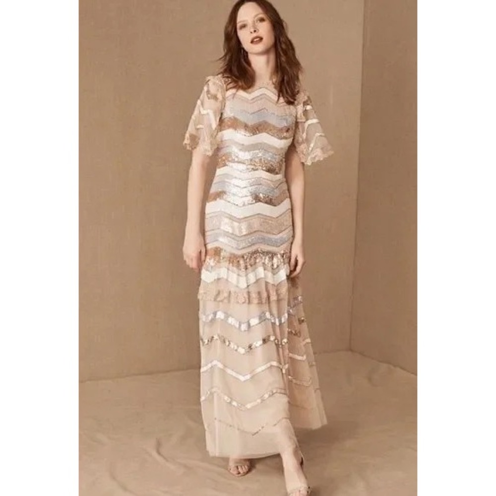 Anthropologie Needle & Thread Women's Alaska Gown Sequin Chevron Maxi Dress 10
